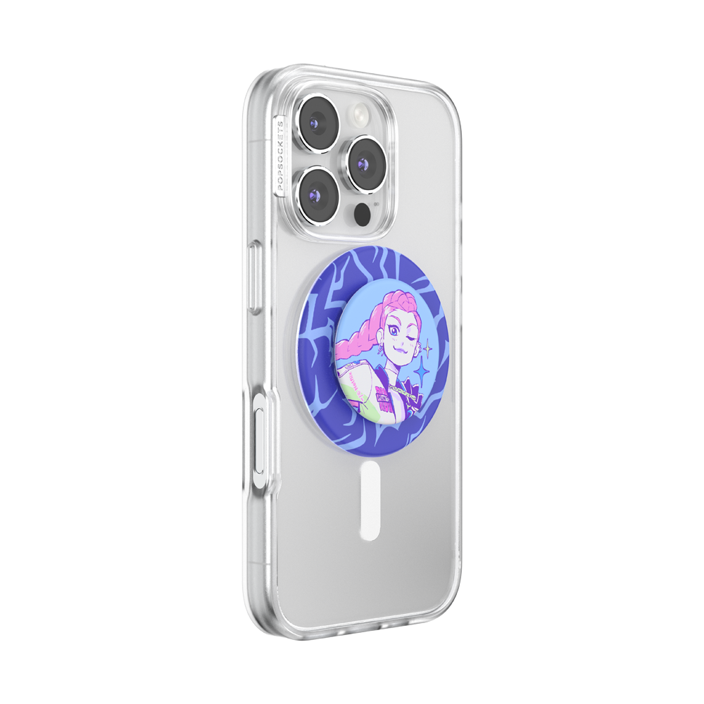 A clear protective phone case on a silver smartphone, featuring a circular PopSocket-style grip with a blue and purple graphic of a pink-haired character.