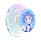 A clear acrylic pop-sock style stand with a circular blue printed insert featuring an illustrated anime-style character. The stand itself has iridescent concentric line patterns in pastel rainbow colors on a white background.