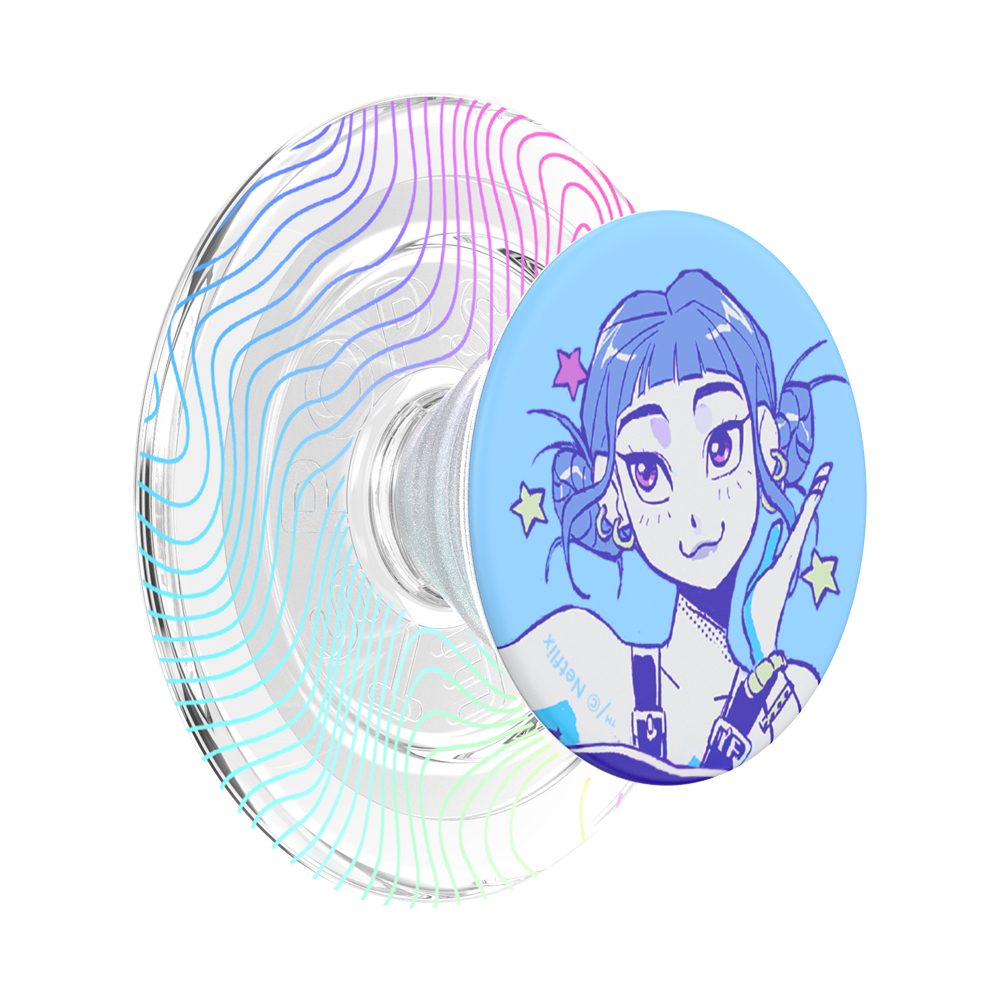 A clear acrylic pop-sock style stand with a circular blue printed insert featuring an illustrated anime-style character. The stand itself has iridescent concentric line patterns in pastel rainbow colors on a white background.