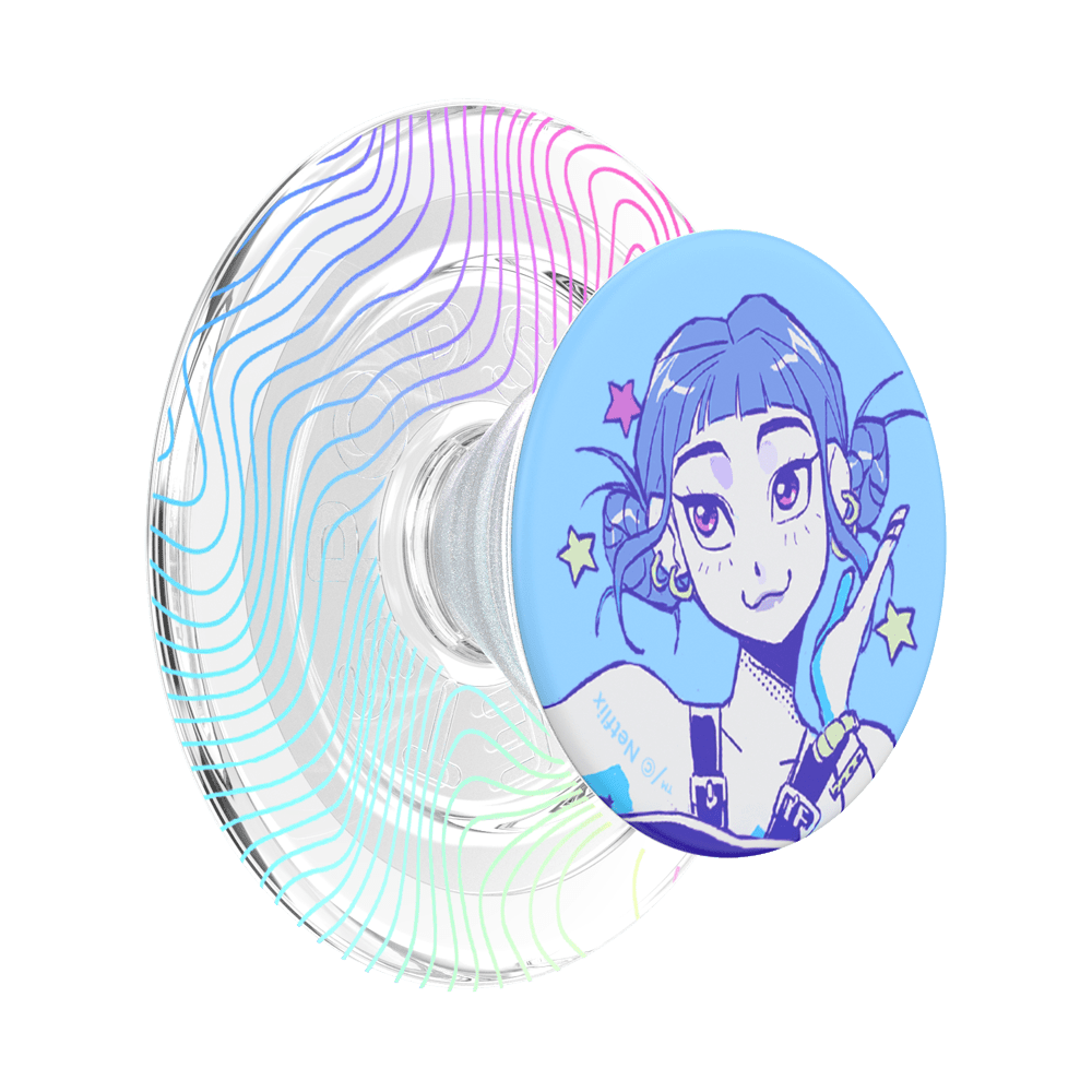 A clear acrylic pop-sock style stand with a circular blue printed insert featuring an illustrated anime-style character. The stand itself has iridescent concentric line patterns in pastel rainbow colors on a white background.