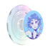 A clear acrylic pop-sock style stand with a circular blue printed insert featuring an illustrated anime-style character. The stand itself has iridescent concentric line patterns in pastel rainbow colors on a white background.