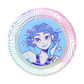 A round printed plate or coaster featuring an anime-style illustration of a girl with blue hair and purple eyes on a light blue center, surrounded by wavy multicolor lines in pink, purple, blue, and green on a white base.
