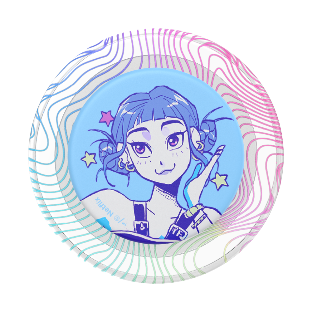 A round printed plate or coaster featuring an anime-style illustration of a girl with blue hair and purple eyes on a light blue center, surrounded by wavy multicolor lines in pink, purple, blue, and green on a white base.