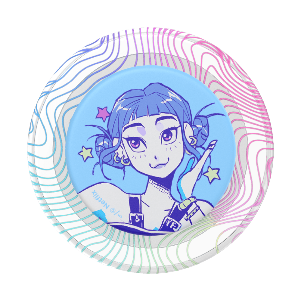 A round printed plate or coaster featuring an anime-style illustration of a girl with blue hair and purple eyes on a light blue center, surrounded by wavy multicolor lines in pink, purple, blue, and green on a white base.