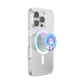 A clear protective phone case on a silver smartphone, featuring a circular holographic magnetic grip and a blue anime character pop socket.