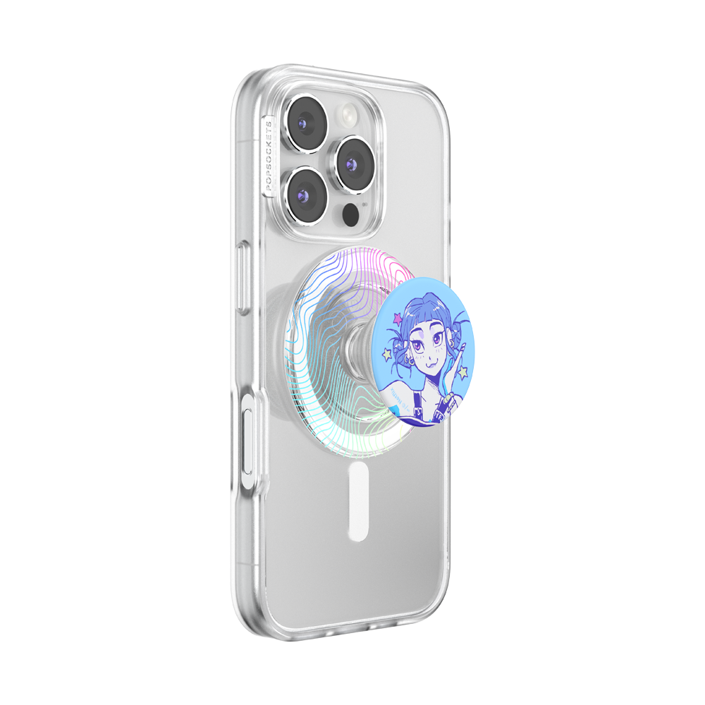 A clear protective phone case on a silver smartphone, featuring a circular holographic magnetic grip and a blue anime character pop socket.