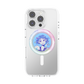 A clear phone case on a silver smartphone, featuring a circular graphic of an anime-style girl with blue hair and a pink and blue gradient ring.