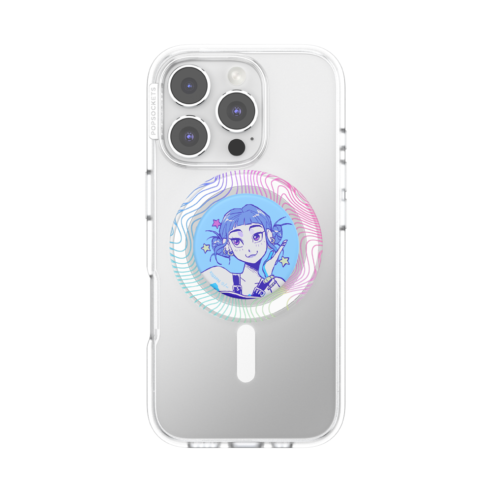 A clear phone case on a silver smartphone, featuring a circular graphic of an anime-style girl with blue hair and a pink and blue gradient ring.