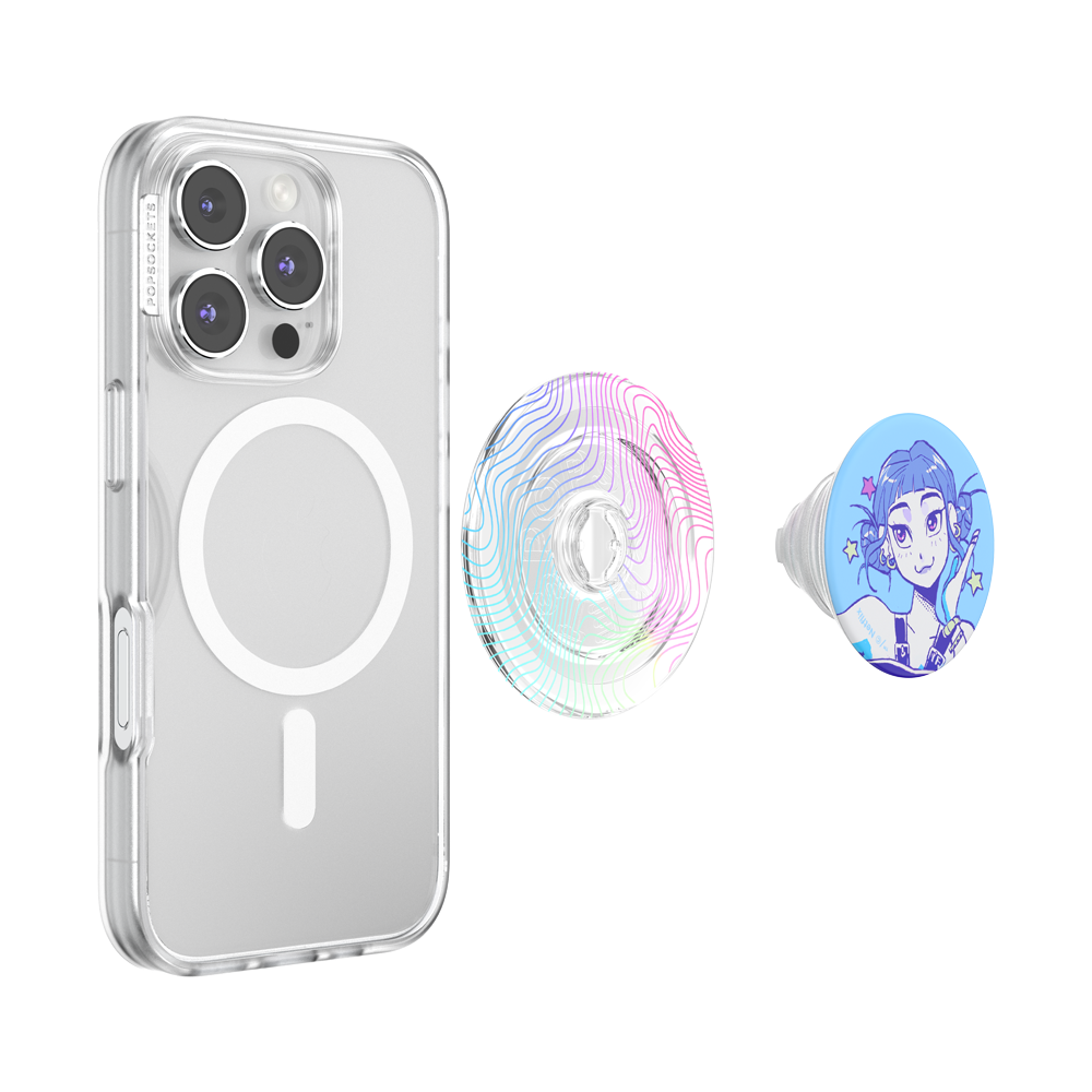 Clear MagSafe phone case shown on a smartphone, with two interchangeable pop-sock style grips displayed beside it: one iridescent pastel pattern and one blue circular grip featuring an anime-style character.