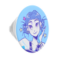 An oval-shaped pop socket featuring a light blue background with an anime-style illustration of a girl with blue-purple hair, purple eyes, and pink and yellow stars.