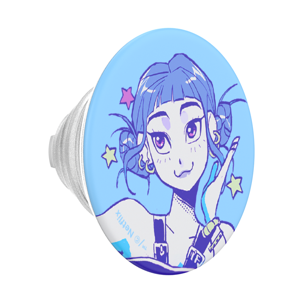 An oval-shaped pop socket featuring a light blue background with an anime-style illustration of a girl with blue-purple hair, purple eyes, and pink and yellow stars.