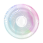 A clear circular disc with a white center and thin wavy multicolor lines in blue, purple, pink, and green, shown on a plain white background.