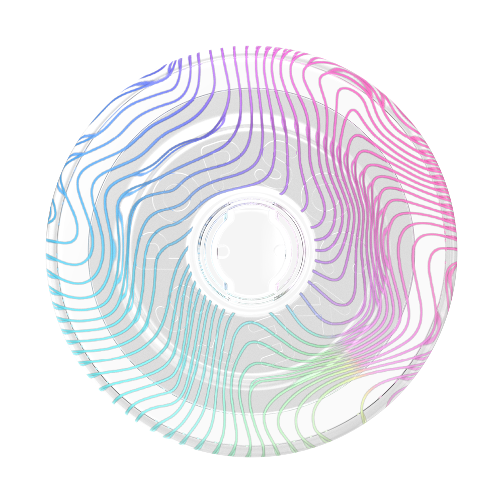 A clear circular disc with a white center and thin wavy multicolor lines in blue, purple, pink, and green, shown on a plain white background.