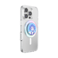 A clear protective phone case with a built-in circular PopSocket-style grip featuring a blue-haired anime character illustration, shown on a white background.