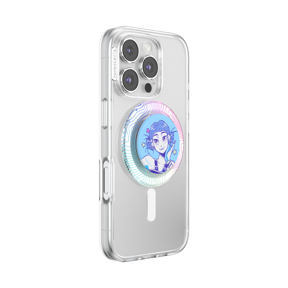 A clear protective phone case with a built-in circular PopSocket-style grip featuring a blue-haired anime character illustration, shown on a white background.