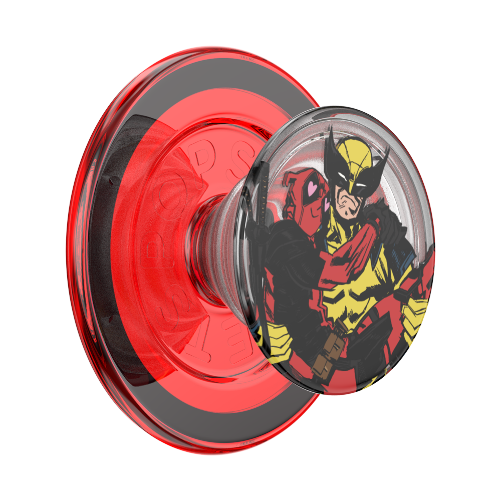 A translucent red PopSocket-style phone grip with a clear top cap featuring a Deadpool and Wolverine comic illustration, shown on a plain white background.