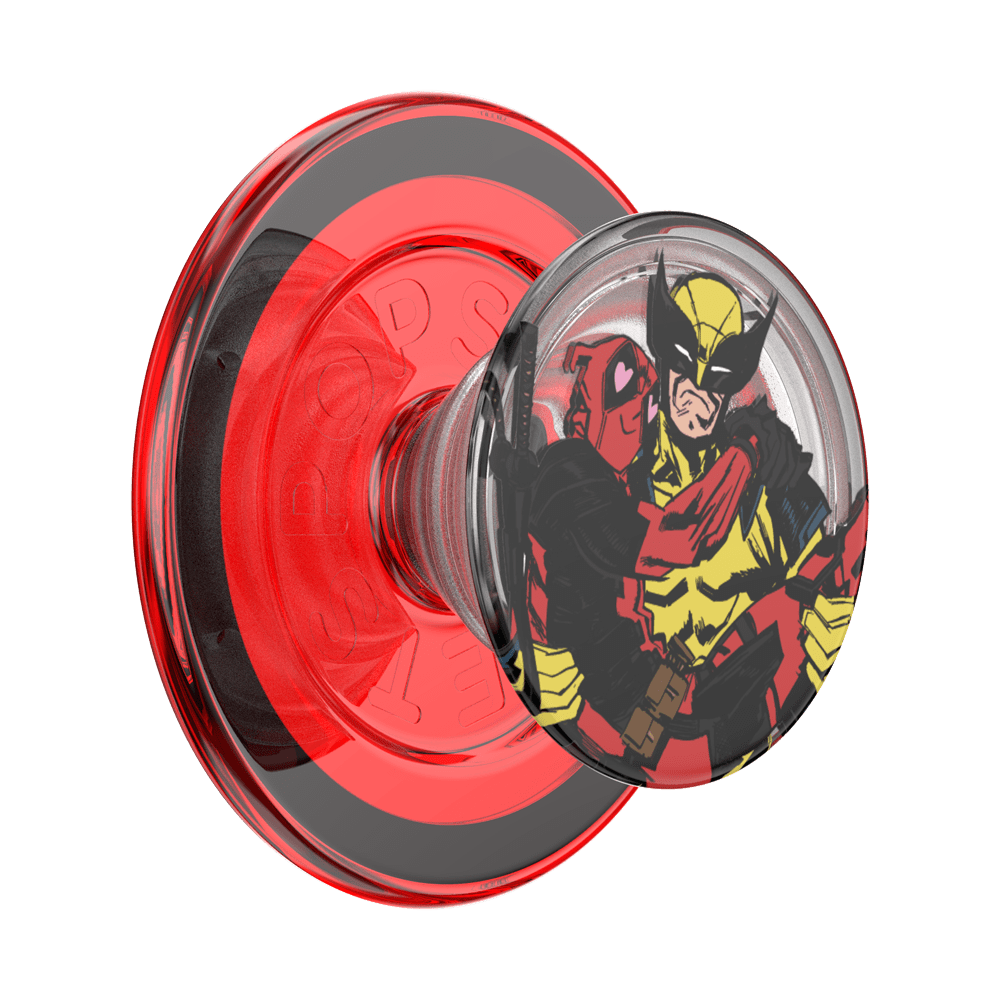A translucent red PopSocket-style phone grip with a clear top cap featuring a Deadpool and Wolverine comic illustration, shown on a plain white background.