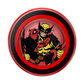 A circular red and black plate featuring a graphic illustration of Deadpool and Wolverine in their classic comic book costumes, set against a plain white background.