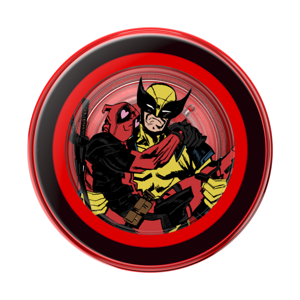 A circular red and black plate featuring a graphic illustration of Deadpool and Wolverine in their classic comic book costumes, set against a plain white background.