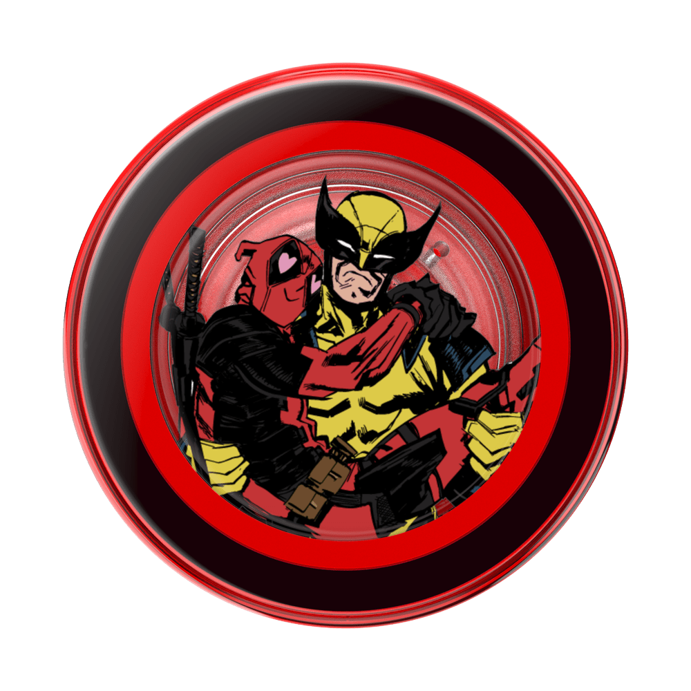A circular red and black plate featuring a graphic illustration of Deadpool and Wolverine in their classic comic book costumes, set against a plain white background.