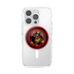 Clear phone case with a circular red, black, and yellow comic book character graphic on the back, shown on a white phone against a white background.