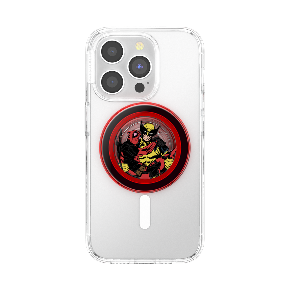 Clear phone case with a circular red, black, and yellow comic book character graphic on the back, shown on a white phone against a white background.