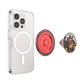A clear protective phone case with a MagSafe ring, shown alongside two interchangeable pop-sockets: one metallic red with a black rim, and one round character pop-sock featuring Deadpool.
