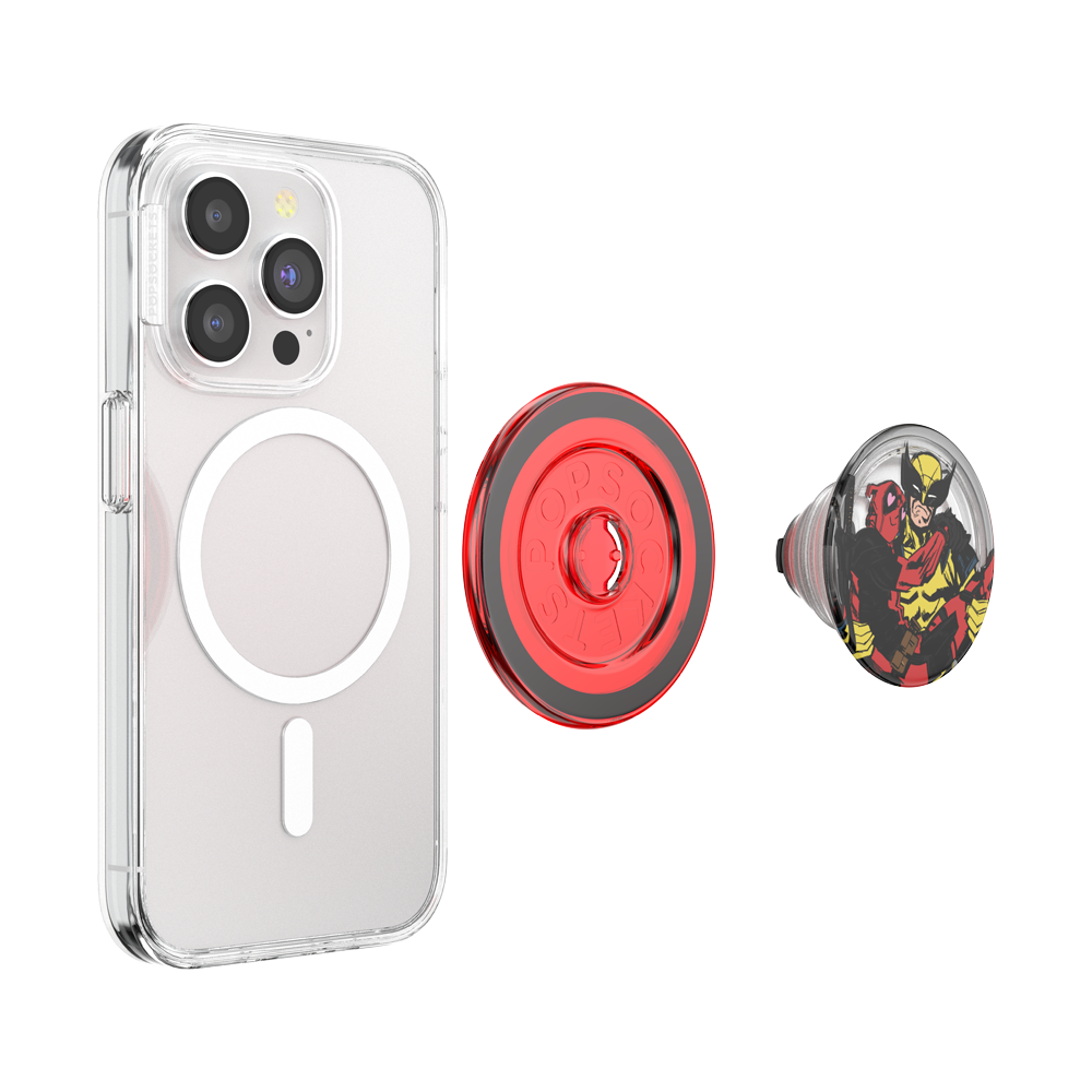 A clear protective phone case with a MagSafe ring, shown alongside two interchangeable pop-sockets: one metallic red with a black rim, and one round character pop-sock featuring Deadpool.