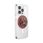 A clear protective phone case with a circular red and black PopSocket-style grip featuring a comic book character illustration, shown on a white background.