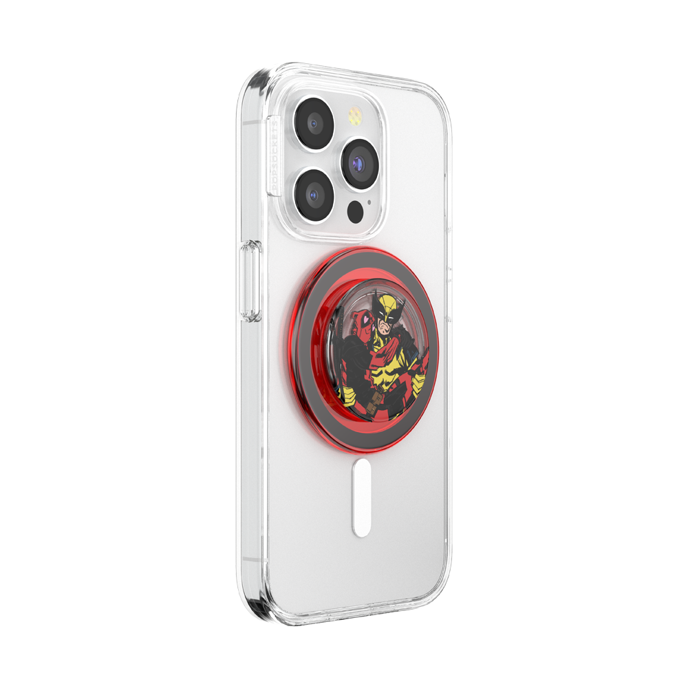 A clear protective phone case with a circular red and black PopSocket-style grip featuring a comic book character illustration, shown on a white background.
