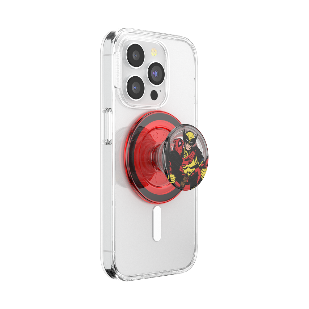 A clear protective phone case on a smartphone, featuring a red and black circular pop socket with a Deadpool character graphic on the end, shown against a plain white background.