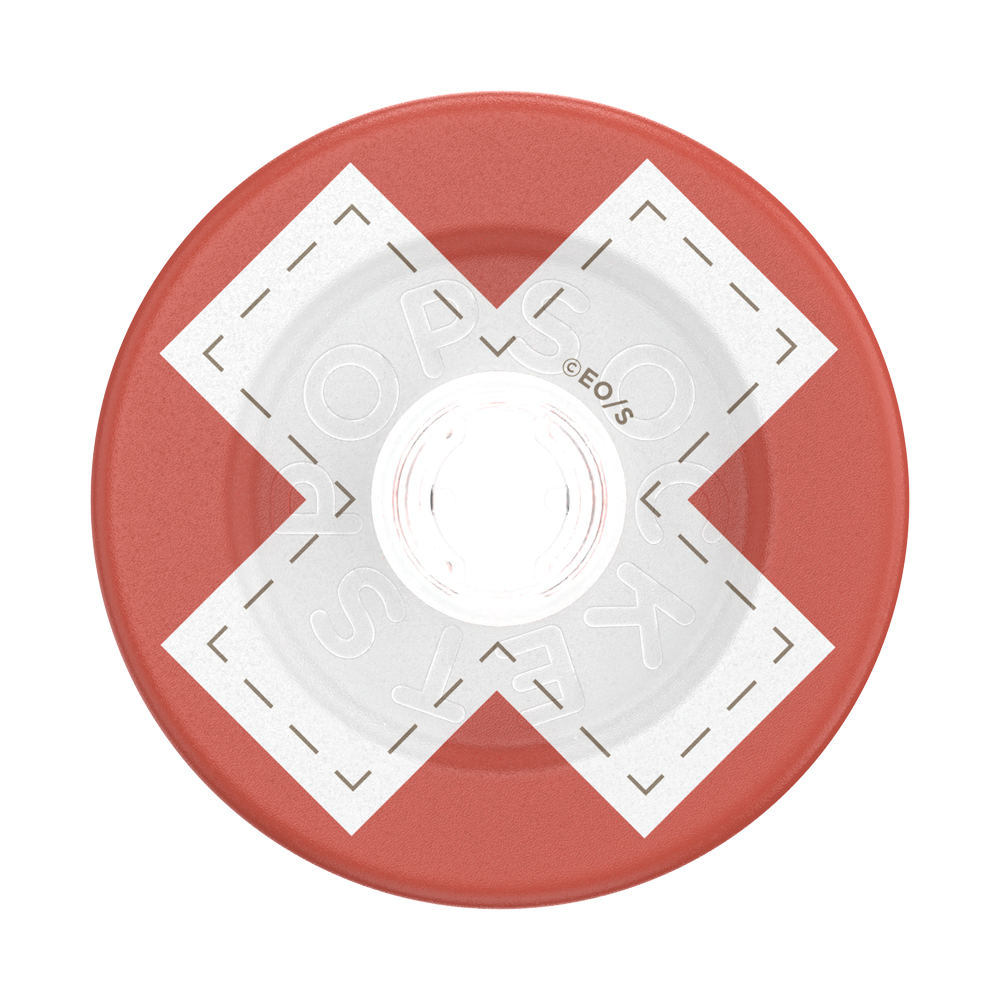 A top-down view of a translucent red circular lid with a white translucent X-shaped overlay and a clear center, on a white background.