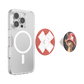 A clear protective phone case with a MagSafe-compatible circular ring, shown on a smartphone alongside two detachable pop socket grips: one red with a white X design and one featuring an anime character.