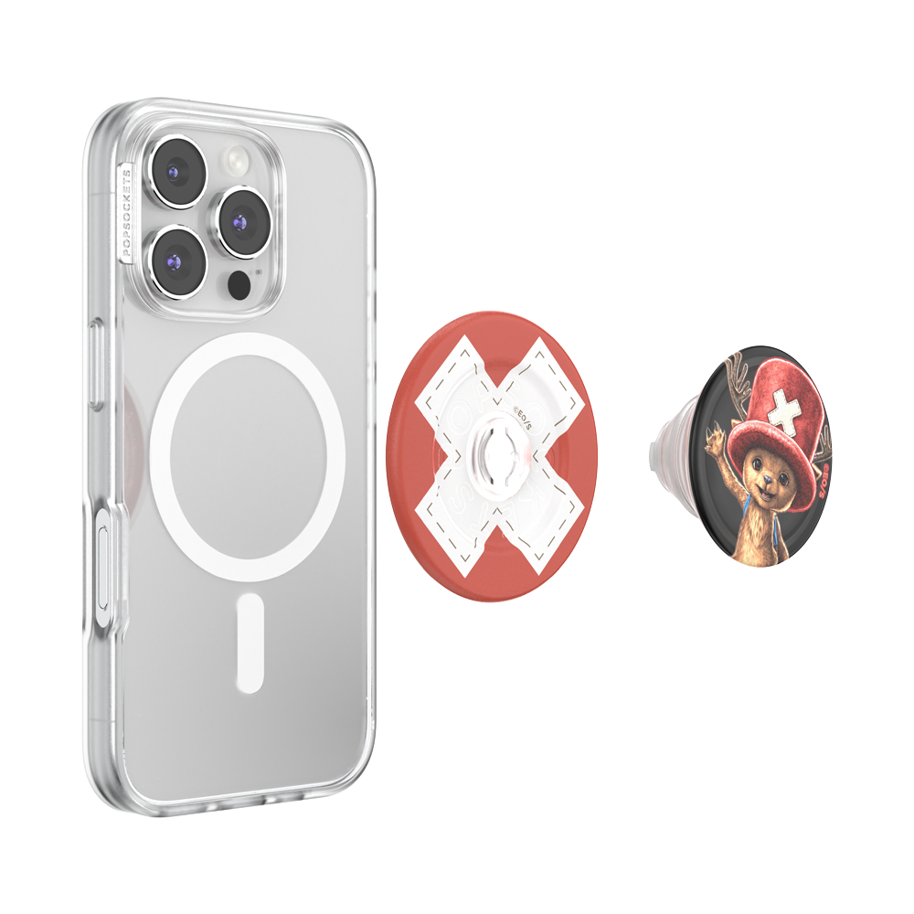 A clear protective phone case with a MagSafe-compatible circular ring, shown on a smartphone alongside two detachable pop socket grips: one red with a white X design and one featuring an anime character.
