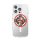 A clear protective phone case on a silver smartphone, featuring a circular red PopSockets grip with a cartoon character wearing a red hat with a white cross.