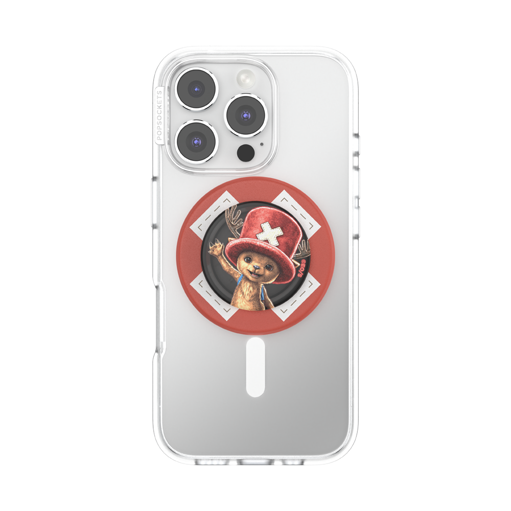 A clear protective phone case on a silver smartphone, featuring a circular red PopSockets grip with a cartoon character wearing a red hat with a white cross.