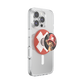 A clear protective phone case on a smartphone, featuring a red and black PopSocket grip with a cartoon character illustration.
