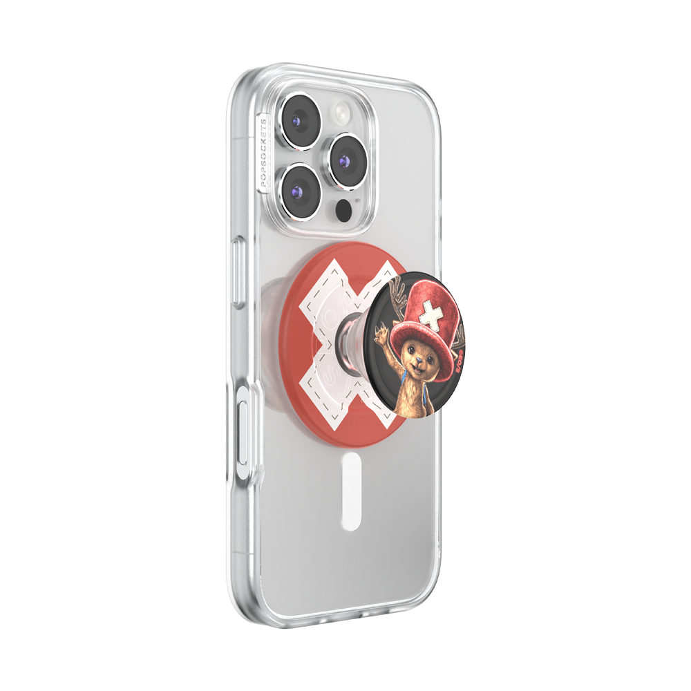 A clear protective phone case on a smartphone, featuring a red and black PopSocket grip with a cartoon character illustration.