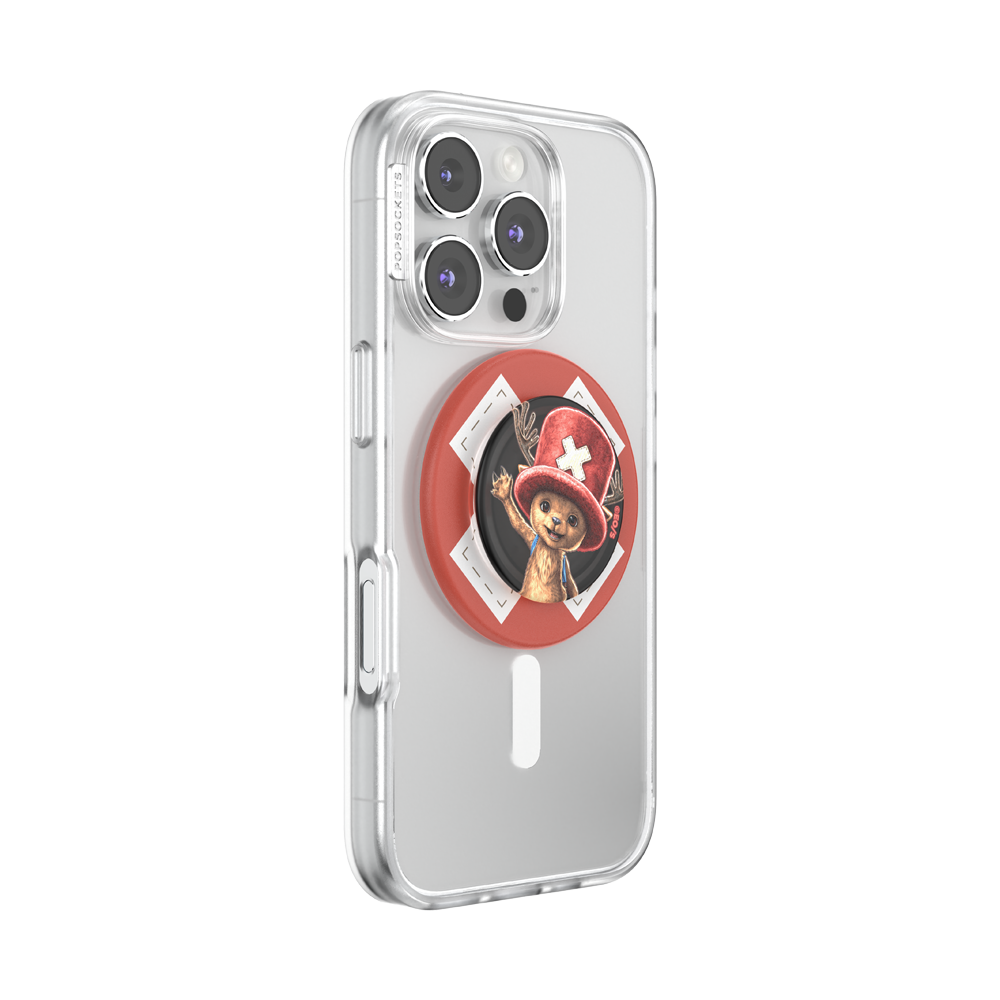 Phone case with a popSocket featuring a character in a red hat on a white background
