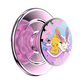 A pink and silver PopSock phone grip with a circular clear cover featuring an illustration of Pikachu and Eevee under pink cherry blossoms.