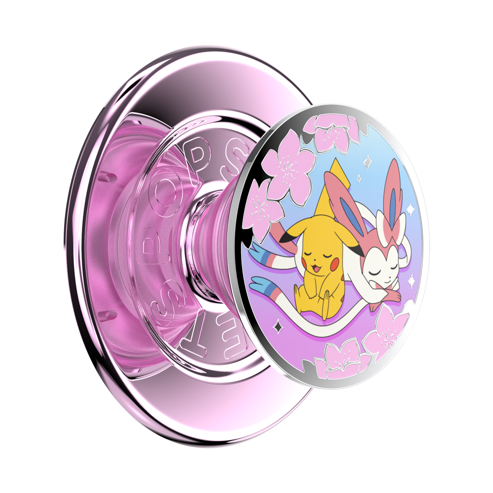 A pink and silver PopSock phone grip with a circular clear cover featuring an illustration of Pikachu and Eevee under pink cherry blossoms.