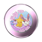 A round metallic compact or case featuring a colorful illustration of Pikachu and Eevee under pink cherry blossoms, shown on a plain white background.