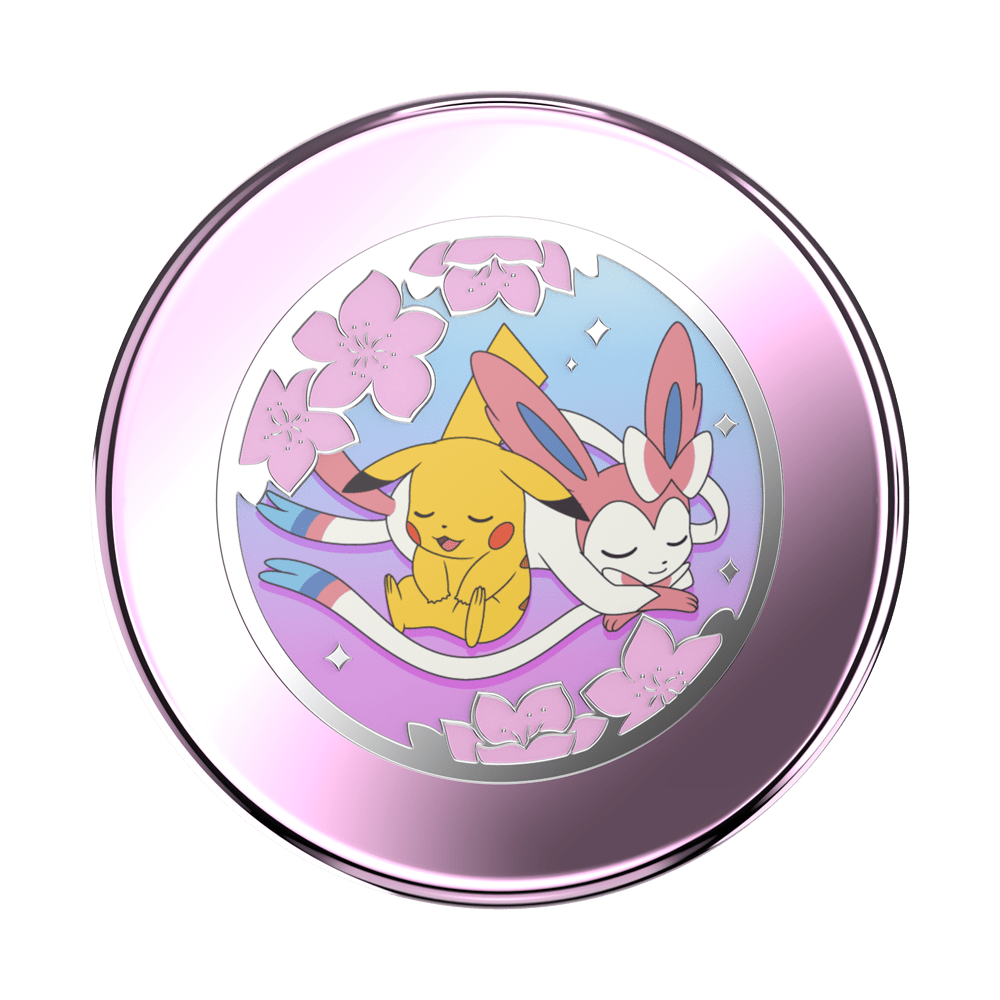 A round metallic compact or case featuring a colorful illustration of Pikachu and Eevee under pink cherry blossoms, shown on a plain white background.