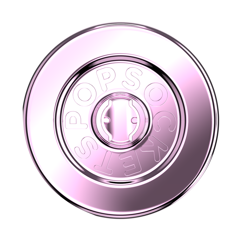 A round metallic pink cosmetic compact or lid with the brand name 'POPSOCKET' embossed in the center, shown on a plain white background.