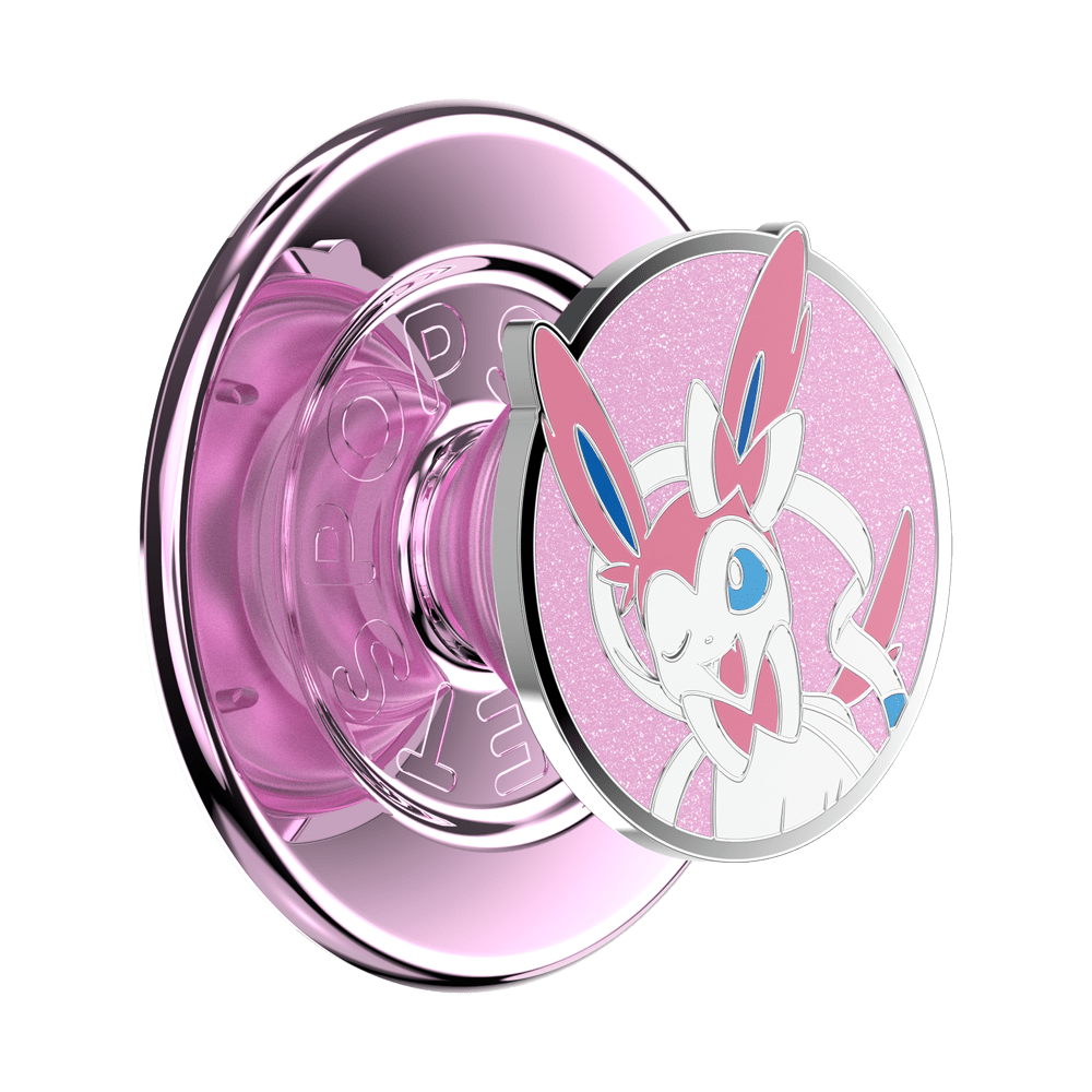 Pink phone ring holder with a cartoon character on a white background