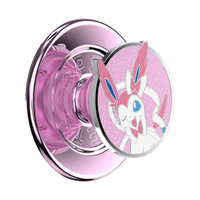 Pink phone ring holder with a cartoon character on a white background