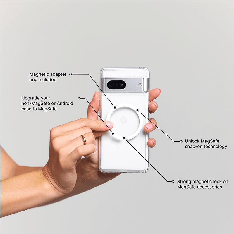 Hand holding a phone case with text highlighting features on a light gray background