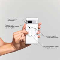 Hand holding a phone case with text highlighting features on a light gray background