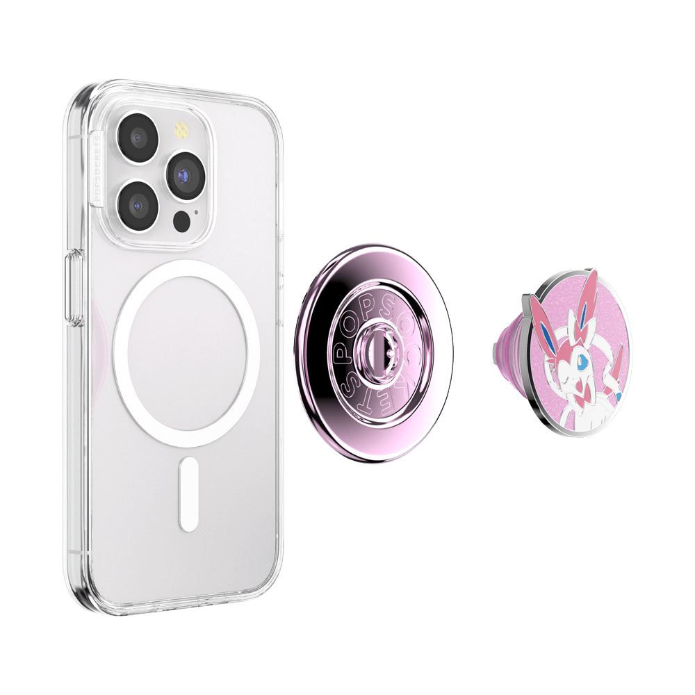 Phone case with a clear design, a pink phone holder, and a unicorn-themed phone holder on a white background.