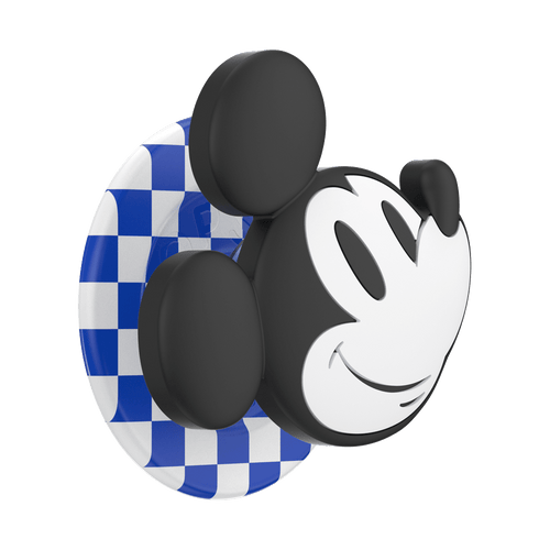 Mickey Mouse-themed phone holder with blue and white checkered base on a white background